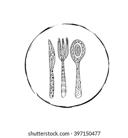 Hand drawing fork, knife and spoon ornate
