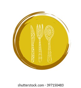 Hand drawing fork, knife and spoon ornate