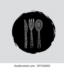 Hand drawing fork, knife and spoon ornate