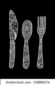 Hand drawing fork, knife and spoon ornate