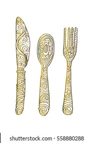 Hand drawing fork, knife and spoon ornate