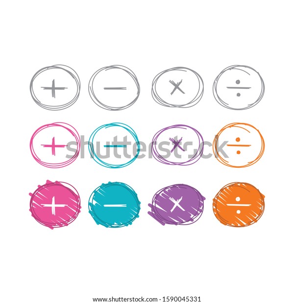 hand drawing four process symbols in\
mathematics. scribble addition, subtraction, multiplication and\
division symbols. vector mathematical\
symbols