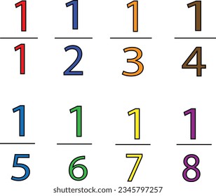 hand drawing fractional numbers. fractional numbers set. colorful mathematical numbers