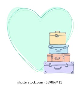 Hand drawing frame heart shape and different colorful vintage suitcases. Vector illustration for cards, leaflets or banners on white background.