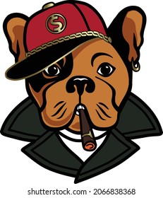 Hand drawing French Bulldog with cap and cigar. For logo, symbol and fashion print.
