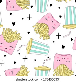 Hand drawing french fries and drink vector illustration seamless pattern. Vector illustration design for fashion fabrics, textile graphics, prints.	