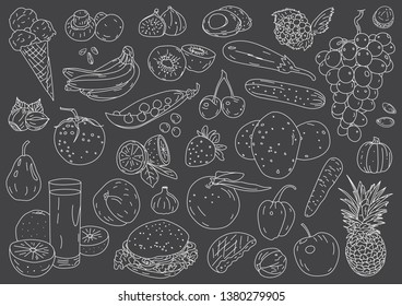 hand drawing fruits and vegetables on dark background