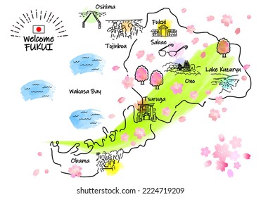 hand drawing FUKUI JAPAN in Spring tourist spot map, vector