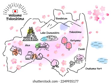 hand drawing FUKUSHIMA JAPAN in Spring tourist spot map, pink, vector