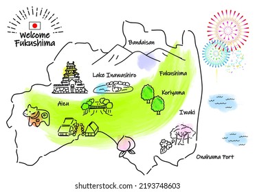 hand drawing FUKUSHIMA JAPAN tourist spot map, vector