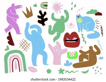 Hand drawing The fun of the dance of groups of people, animals and objects. In minimalist style