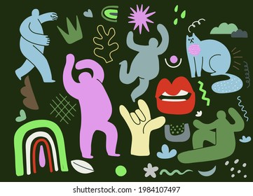 Hand drawing The fun of the dance of groups of people, animals and objects. In minimalist style