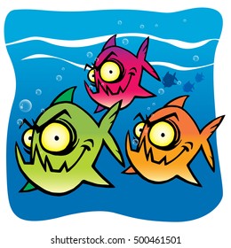 Hand drawing of a Fun and funny Cartoon piranha group swimming by.