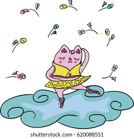 Hand drawing funny. Cat in ballet dress. Illustration. Cartoon. 