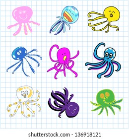 hand drawing funny octopus cartoon on graph paper illustration