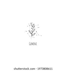 Hand drawing Gemini constellation symbol with floral branch and stars. Modern minimalist mystical astrology aesthetic illustration with zodiac signs