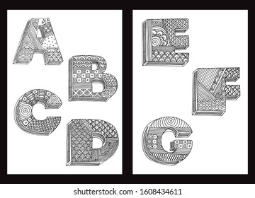 Hand drawing geometric ornamented A, B, C, D, E, F, G letters. Simple black outline ABC illustrations for coloring pages, wallpapers, prints, cards, posters. A4 format, white isolated background.