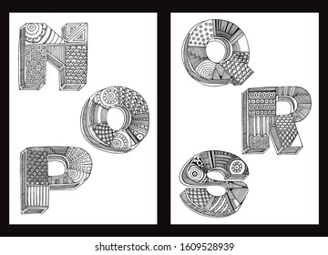 Hand drawing geometric ornamented N, O, P, Q, R, S letters. Simple black outline ABC illustrations for coloring pages, wallpapers, prints, cards, posters. A4 format, white isolated background.