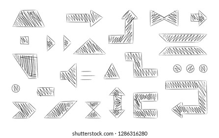 hand drawing geometric shapes. triangle sign, arrow sign, square with sketch