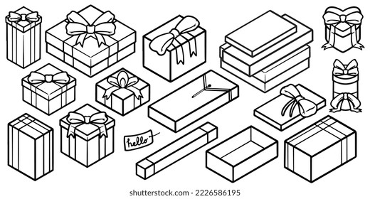 Hand drawing of gift box doodle set isolated on white background.