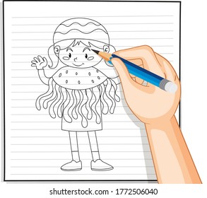 Hand drawing of girl in jellyfish costume outline illustration