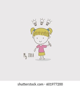 Hand drawing a girl with lamp vector cartoon.