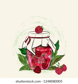 Hand drawing glass jar with raspberry jam, marmalade. Healthy food, sweets, homemade preparations. Cozy, winter illustration for design