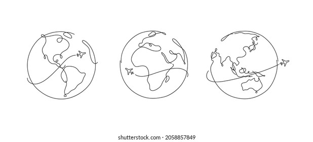 Plano de dibujo manual de globo que viaja en estilo de línea de lápiz sobre fondo blanco