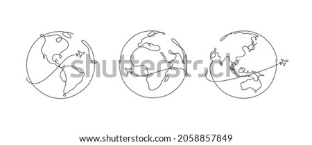 Hand drawing globe plane traveling in pen line style on white background