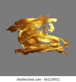 hand drawing gold brush stroke paint spot on a gray background, handmade vector illustration