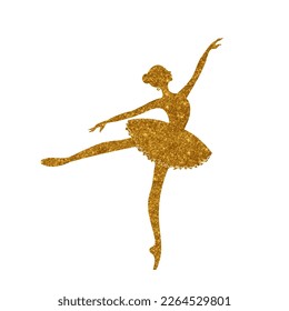 Silueta de oro de dibujo a mano Ballerina.Bailarina de mujer en zapatos de tutu y punta.Ilustración de dibujo aislada de línea vectorial.El bailarín está saltando. logotipo. 