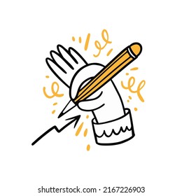 Hand Drawing A Graph With A Yellow Pencil. Hand Drawn Colorful Cartoon Business Doodle Icon. Vector Illustration.