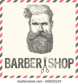 Hand drawing graphic face portrait of bearded man with barber shop grunge text 