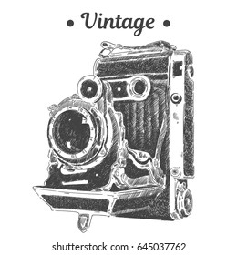 Hand drawing graphic old retro photo camera. Isolated vector illustration