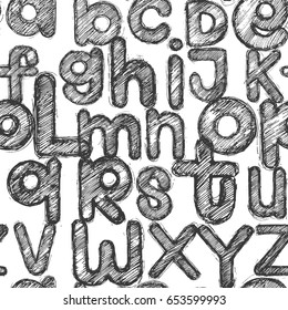 Hand drawing graphic sketch style alphabet letters. Pencil strokes texture seamless pattern background