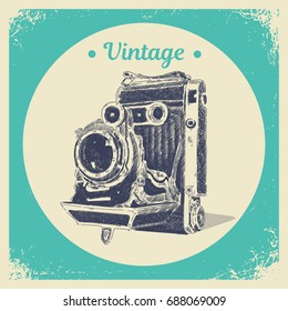 Hand drawing graphic strokes texture of old vintage photo camera. Isolated vector illustration