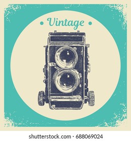 Hand drawing graphic strokes texture of old vintage two lens photo camera. Isolated vector illustration