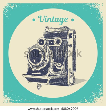 Hand drawing graphic strokes texture of old vintage photo camera. Isolated vector illustration