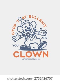 Dibujo a mano Camiseta gráfica Ilustración de payaso de dibujos animados retro con diseño de texto humorístico.