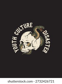 Desenho de Mão Gráfico T Caveira e Serpente Jovem Cultura Desastre Design Gráfico.