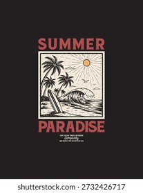Desenho de Mão Tê Gráfico Verão Paraíso Praia Cena com Palm Trees, Surfboard, e Ocea