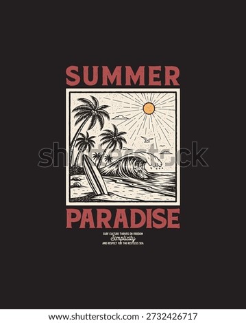 Hand Drawing Graphic tee Summer Paradise Beach Scene with Palm Trees, Surfboard, and Ocea