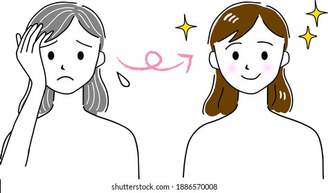 hand drawing gray hair dyeing woman vector illustration set