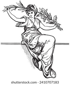 Hand Drawing of Greek Woman Vector Illustration, Liner portrait of Young Woman with Holding a Leaf, Greek Mythology Clip Art Colouring Pages