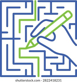 Hand drawing green path through blue square maze, conceptual line art for problem solving, strategy, and finding a solution.