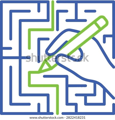 Hand drawing green path through blue square maze, conceptual line art for problem solving, strategy, and finding a solution.