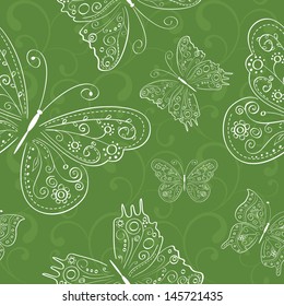 hand drawing green seamless abstract butterflies ornament. Vector illustration