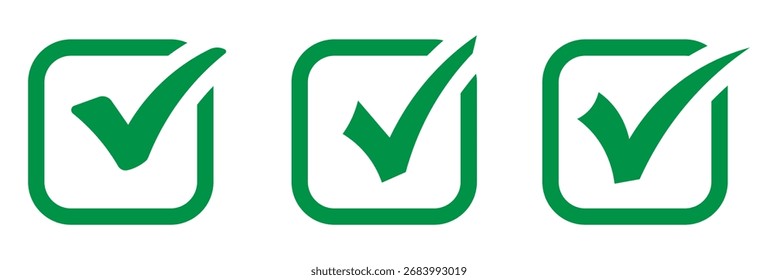 Dibujo a mano icono de marca de garrapata verde sobre fondo blanco. Conjunto de Vector de marca de verificación de dibujo digital a mano. Conjunto de iconos de marca de Vector creativo.