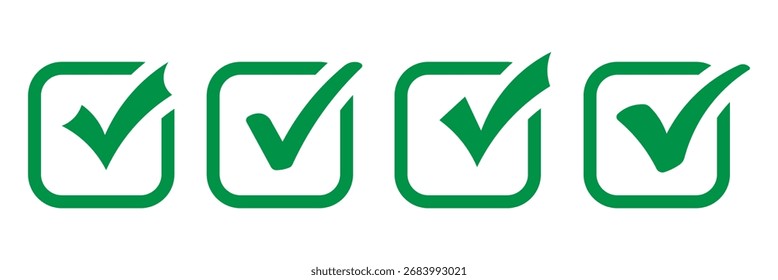 Handzeichnung mit grünem Häkchen Symbol auf weißem Hintergrund. Digitaler Zeigerzeichensatz für Prüfzeichen, Vektorsatz. Symbolsatz für kreative Vektorteilstriche.