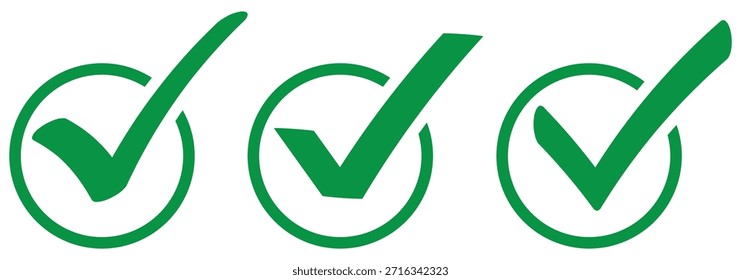 Dibujo a mano icono de marca de garrapata verde sobre fondo blanco. Conjunto de Vector de marca de verificación de dibujo digital a mano. Conjunto de iconos de marca de Vector creativo.